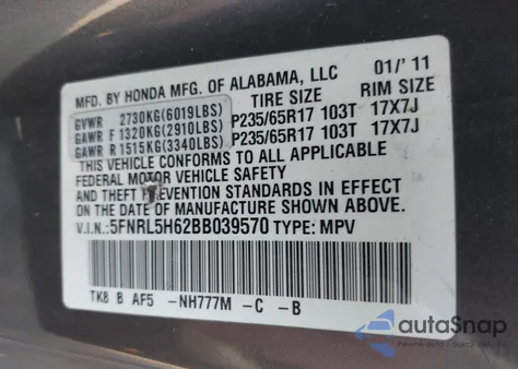 2011 Honda Odyssey Ex-L z USA, uszkodzony, nr VIN 5FNRL5H62BB039570